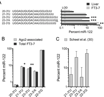Figure 2. miR-122 3  end variants expressed in a hepatoma cell line, FT3- FT3-7. (A) Relative abundance of the top five miR-122 variants expressed in FT3-7 cells compared to liver tissue