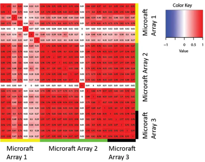 Figure 3. Reproducibility of microraft results. Heatmap shows the correlations among expression profiles of cells grown under identical conditions on three separate microraft arrays