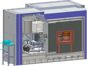Figure 1: Drawing of a Majorana module assembly with calibration system at final position, including the support structure, the vacuum system, nitrogen supply as well as the shielding layers