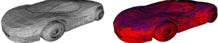 Fig. 11. Mesh reconstructed for a sampled geometry at the 5 th generation of the optimization (left) and final stage (right), with the target shape shown in blue.