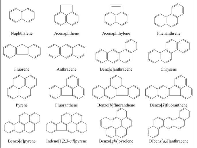 Figure I-2. Structures and nomenclatures of the 16 PAHs on the EPA priority pollutant list