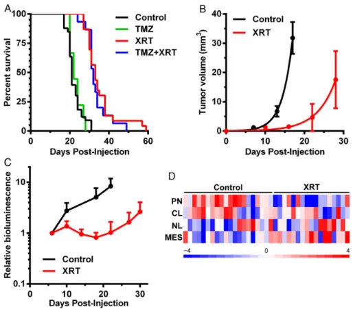 Fig. 6. Radiation therapy (XRT), but not temozolomide (TMZ), is effective in TRP allografts and induces a proneural-to-mesenchymal transcriptome shift