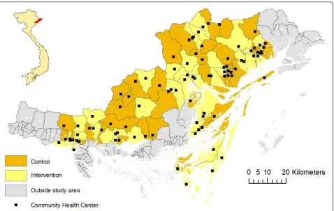Figure 1 NeoKIP study area with intervention and control clusters (communes) after randomisation in Quang Ninh province, Vietnam.