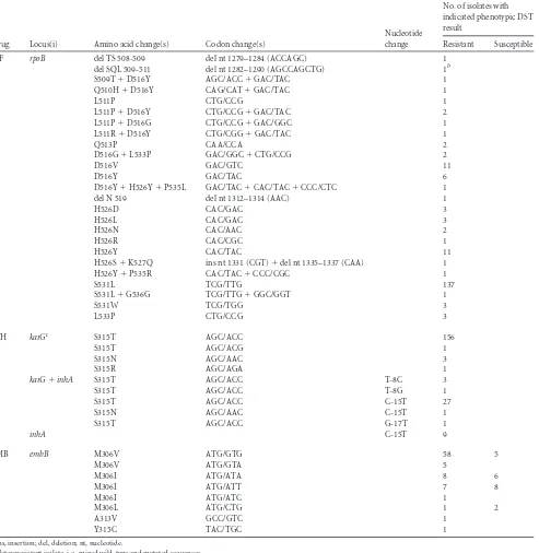 TABLE 2 Mutations identiﬁed within loci associated with resistance to the ﬁrst-line drugs rifampin, isoniazid, and ethambutol in clinical isolates ofM