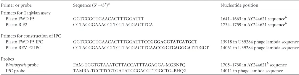 FIG 1 Alignment of Blastocystis-speciﬁc oligonucleotides (forward, probe, and reverse) and SSU rDNAs from Blastocystis sp