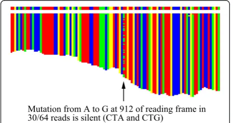 Figure 3 Paired ends effectively increase read length. A similar CaM-kinase walk display to Figure 2, but now the reads have been sorted tobring paired ends together, while retaining the match position to the growing sequence for one of each pair