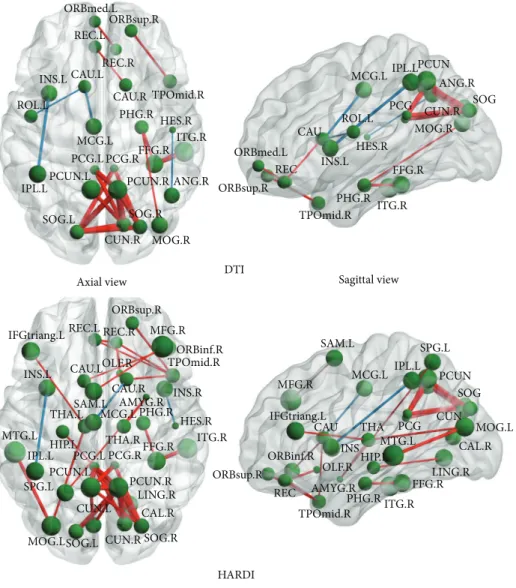 Figure 6: The axial and the sagittal views of the significantly different connections (