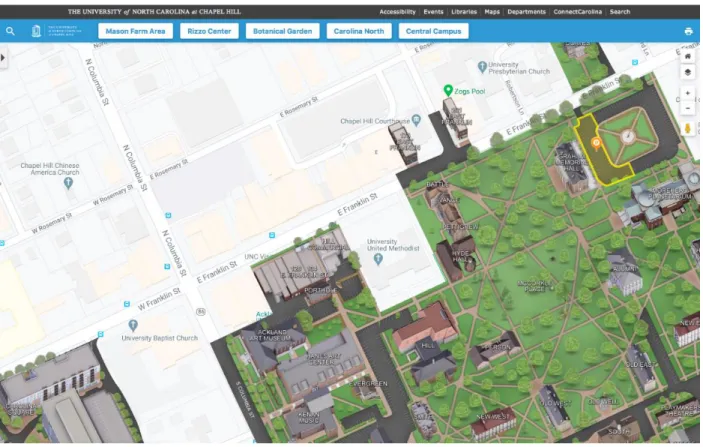 FIGURE 3 – CURRENT MAP OF UNC CAMPUS AND THE FRANKLIN STREET AREA  (UNC Chapel Hill) – UNC-owned properties are depicted in a hybrid, three-dimensional layer  on the map