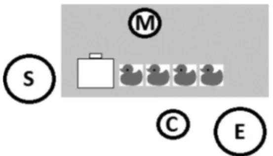 Figure 1. Experimental setup for de tweede eend ‘the second duck.’ M is Jaap the monkey, S is the score person, C is the child, and E is the experimenter