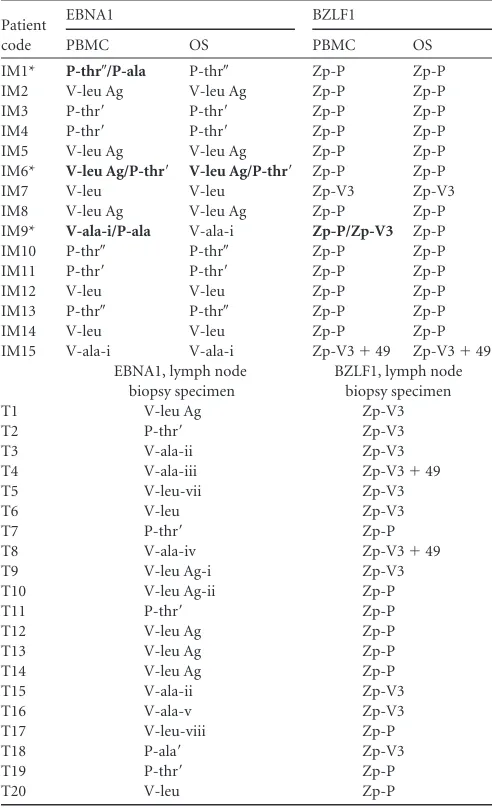 TABLE 3 EBNA1 and BZLF1 polymorphism distribution in IM andlymphoma patientsa