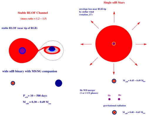 Figure 2. Stable Roche-lobe channel (left) and single-star/merger channels (right) for the formation of sdB stars.