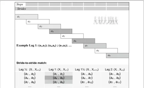 Fig. 1 Illustration of the stride-to-stride comparison with different time lags. Three of the lag-1 comparisons are presented in the graphics with shaded colours