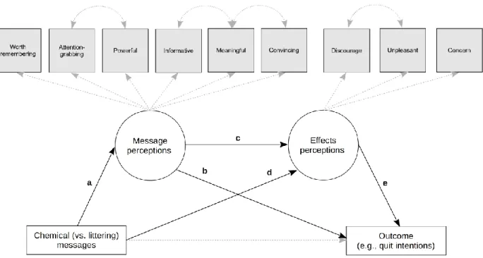 Figure 6.2. Path diagram for structural equation model with mediated effects of chemical messages on a given outcome through  message perceptions alone (a × b), message perceptions and effects perceptions sequentially (a × c × e), and effects perceptions a