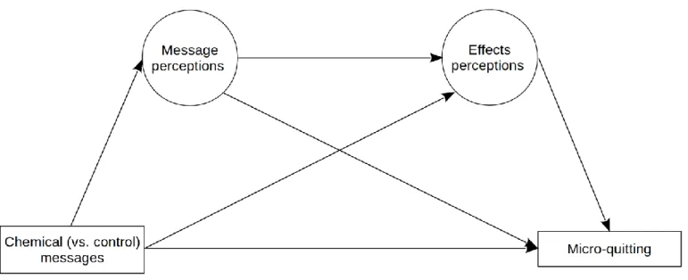 Figure 4.2. Complex mediation model of the impact of chemical messages on micro-quitting through effects perceptions and message  perceptions