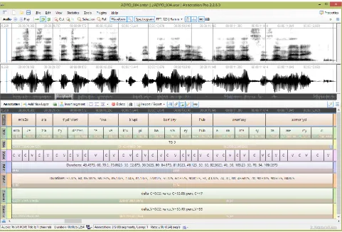 Figure 2: Annotation Pro window showing annotations and measurements for an utterance from the sent_syl subcorpus (some layers are hidden)