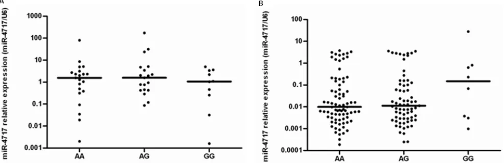 Figure 8: miR-4717 levels of peripheral lymphocytes in the study subjects with different PD1 rs10204525 genotypes