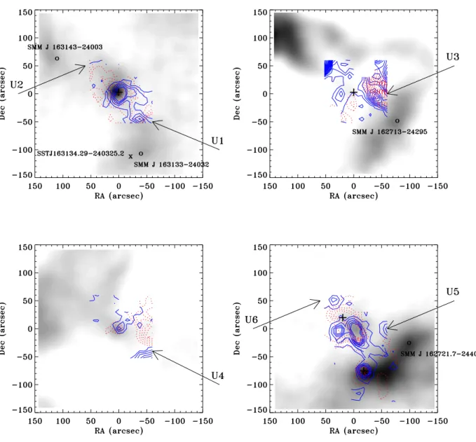 Fig. A.1. Regions around the new outflow structures (Us), showing the SCUBA 850 μm emission in the background, the contour map of the integrated line wings, the sources from the sample in this study marked with pluses and the Us indicated with arrows
