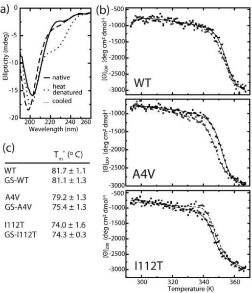 Figure 2.4. Effect of glutathionylation on monomer thermal stability. (a) Representative  CD spectra of SOD1 before and after cooling shows reversible decrease in ellipticity at 230  nm