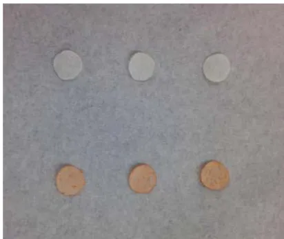 Figure 1 light image of selenium coated and uncoated paper towels. Notes: The three pieces on the top are paper towels without selenium coating