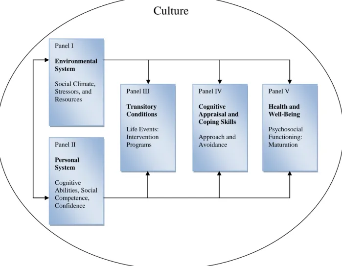 Figure 2.  Stress and Coping: A Model of Interplay between Context, Coping, and  Adaptation (Moos, 1984)  Culture  Panel I  Environmental  System  Social Climate,  Stressors, and  Resources  Panel V  Health and  Well-Being  Psychosocial  Functioning:  Matu
