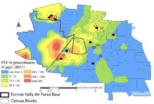 Figure 2.2. Map showing the approximate location of the 20 homes sampled (ovals,  black ovals for homes sampled in winter) and the PCE concentrations in the underlying  groundwater plume