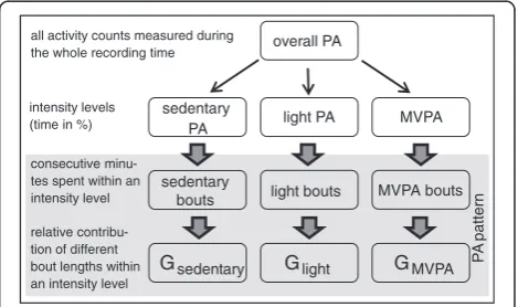 Figure 1 Structure of physical activity variables.activity; G = GINI-Index;for the activity pattern; PA = physical high G = mainly few long bouts are responsible low G = mainly short bouts of similar lengthcontribute to the activity pattern.