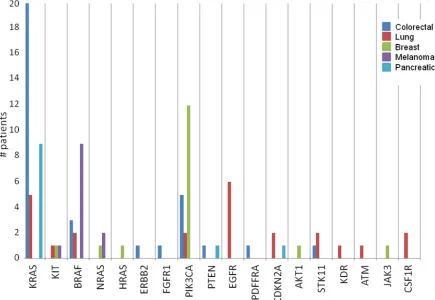 Figure 6: Frequency of potentially actionable mutations by cancer type. This figure focuses exclusively on potentially actionable mutations, stratifying the gene mutations according to tumor type to demonstrate the relative abundance of these mutations acr