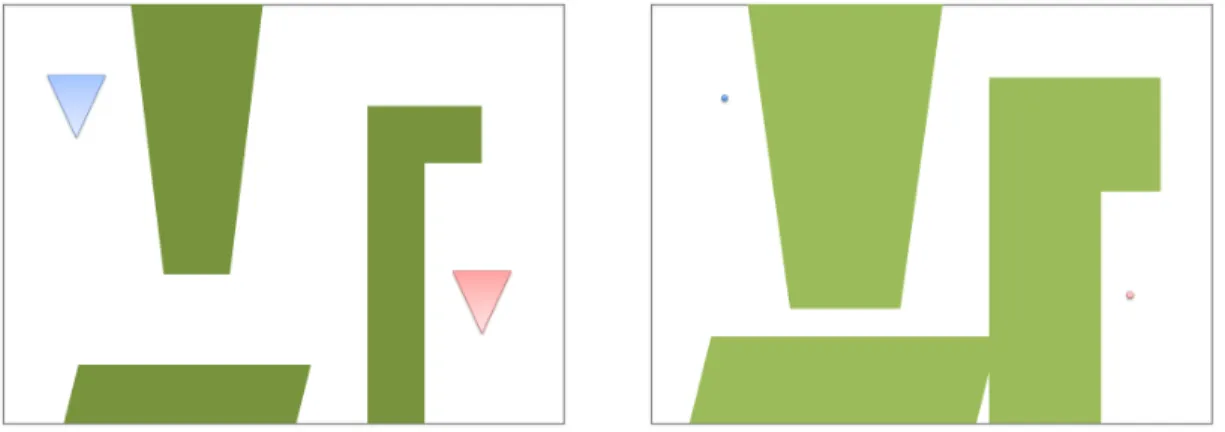 Figure 1.3: Workspace vs Configuration space: This planning situation requires the triangle to move translationally (no rotation) from the blue to the pink position