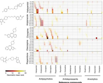 Figure 2. Antipsychotic drugs cause specific behavioral profiles in the test battery Chemical structures (left) of each reference compound queried and heat maps (right)  showing a matrix comparing queries (rows) and reference compounds (columns)