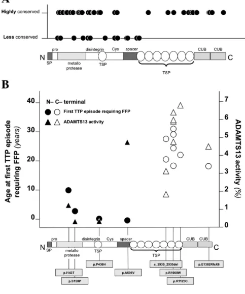 Figure  4.  Evolutionary  conservation,  associated  ADAMTS13  plasmatic  activity  and age of disease onset of N- and C-terminal mutations of ADAMTS13