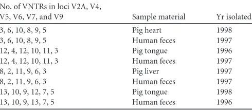 TABLE 1 Similar MLVA results for Yersinia enterocolitica strains isolated from clinical fecal samples from human patients in certain provinces ofFinland