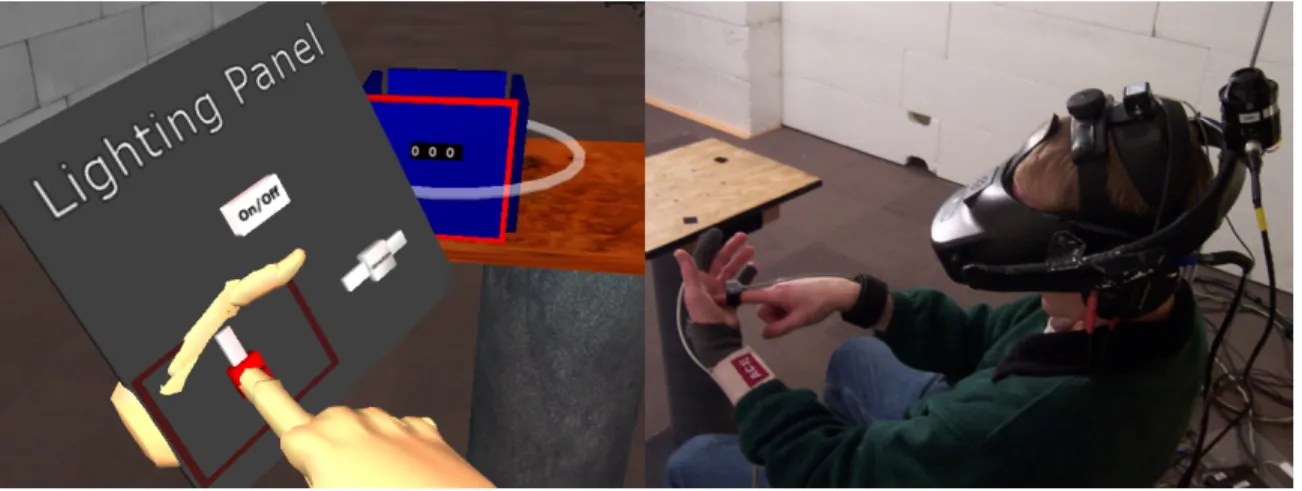 Figure 1.6: A user interacts with a virtual interface panel by touching his non-dominant hand.
