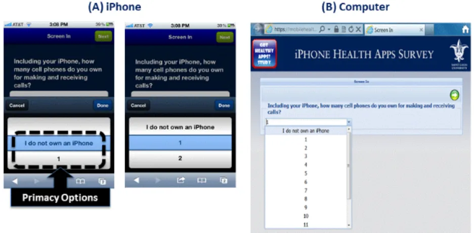 Figure 1:  A screenshot of a GHAS Survey Primacy Question presented in iPhone  version (A) and computer version (B)