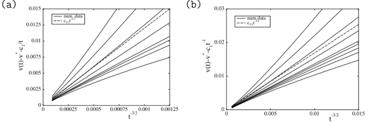 Fig. 3. Velocity difference v ℓ (t) − v ∗ − c 1 /t as a function of t −3/2 for ε = 0.5 (panel a) and ε = 5 (panel b)