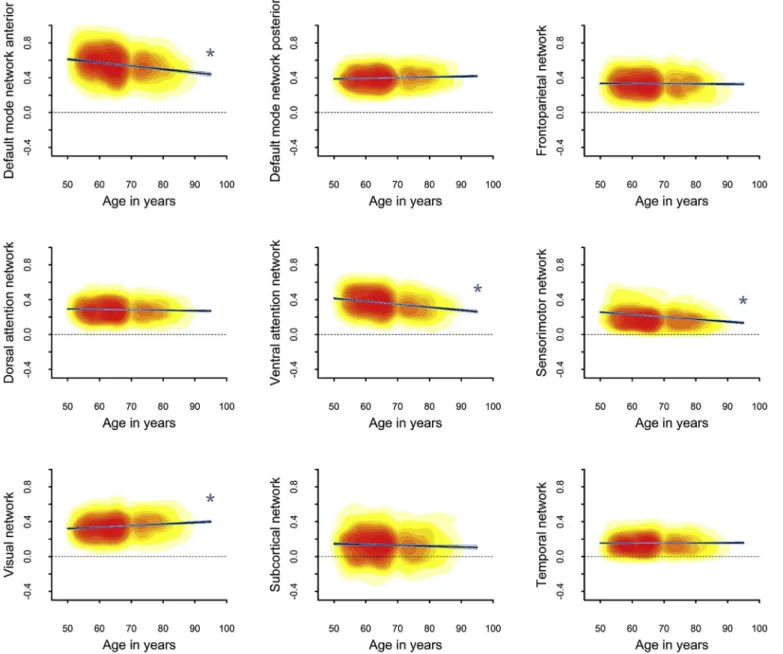 Fig. 4. Age associations with correlation values of functional connectivity within networks