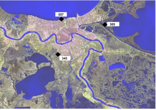 Fig. 5 a Location of the test points 305, 345 and 557 and b the tracks use in ADCIRC surge simulations used in the New Orleans area