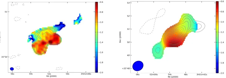 Fig. 5. Left: α 4885 1415 spectral index map of the inner lobes of 4C 35.06 using the archival VLA images listed in Table 1