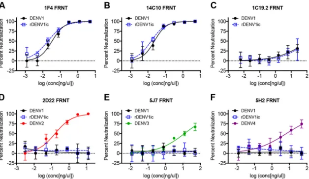 FIG 3 rDENV1ic maintains ﬁdelity to DENV1 serotype-speciﬁc antibodies in a focus reduction neutralization test