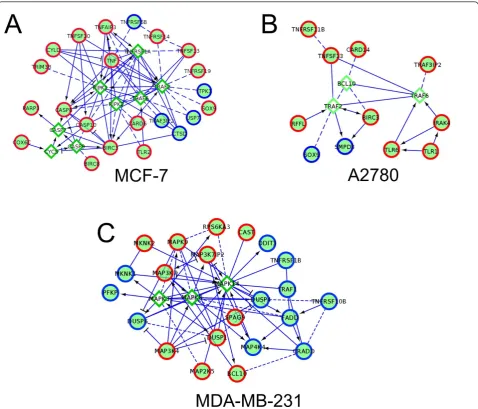 Figure 8 Networks of tumor-necrosis factor (TNF)-a-related genes that exhibited alterations in gene expression on selection forresistance to docetaxel in MCF-7 breast carcinoma (a), A2780 ovarian carcinoma (b), or MDA-MB-231 breast carcinoma (c) cells