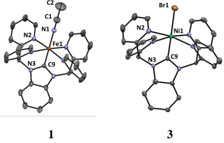 Figure 3.6.    X-ray structure at the 30% probability level of  1 2+  as the PF 6 -  salt (left) and 3 2+  as the Br -  salt  (right)