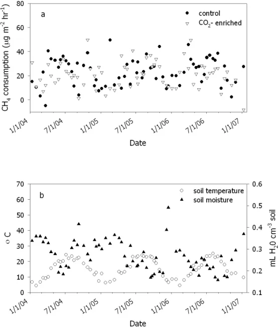 Figure 2.1.  (a) Time series for rates of net atmospheric CH 4  consumption by forest soils  under CO 2 -enriched and ambient atmospheres (control)