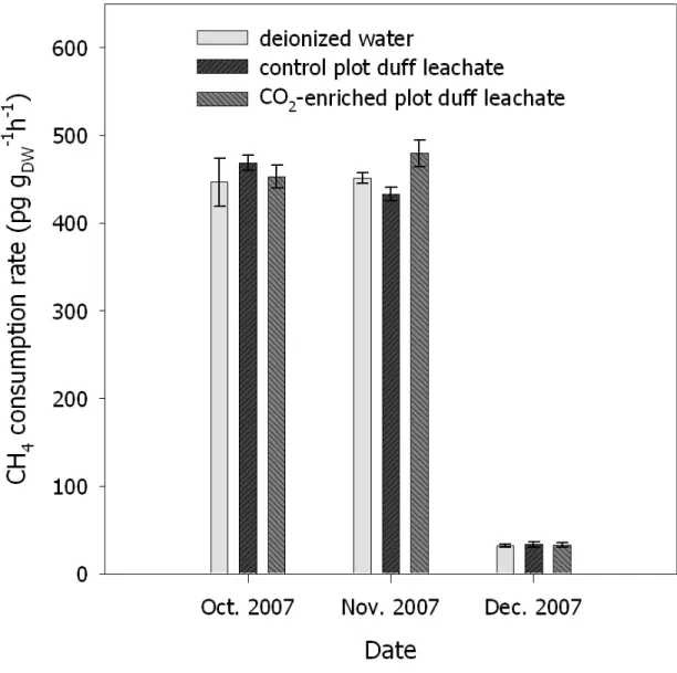 Figure 3.5. Rates of CH 4  consumption by forest soils amended with duff leachates or  deionized water