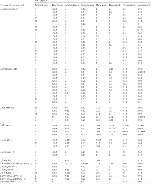 TABLE 3 Selected in vitro susceptibility results for 53 isolates of Candida identiﬁed by molecular methods as determined by 24-h CLSI brothmicrodilution methods