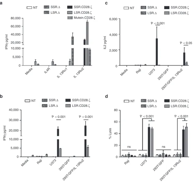 Figure 2 IL13Rα2-CAR T cells release cytokines after stimulation with recombinant IL13Rα2 protein or IL13Rα2-positive cells