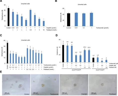 Figure 5: Effect of tocilizumab on cancer stem cells in vitro. Salisphere assays were performed with UM-HMC-3B cells seeded in 96 well plates