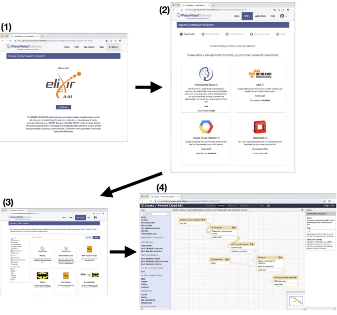 Figure 2: Screenshots of creating and using the PhenoMeNal cloud e-infrastructure. First, log in with ELIXIR to the cloud research environment (CRE) portal
