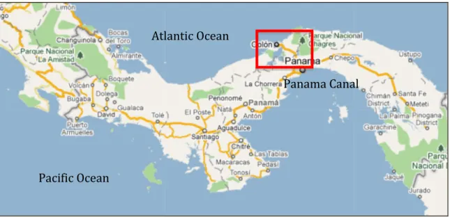 Figure 1.1: Map of Panama and the study area (Google Maps). 