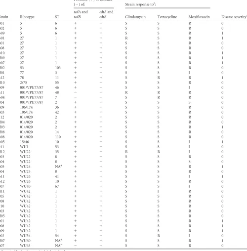 TABLE 1 Phenotypic and genotypic characterization of 46 C. difﬁcile strainsa