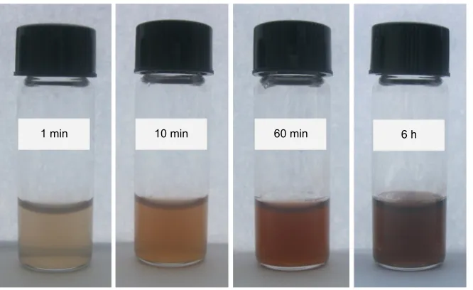 Figure 1 Photographs of hPc–ag+ solutions (50 mmol agNO3) showing color change with a reduction of ag+ upon exposure to diffused sunlight.Abbreviations: min, minutes; h, hours; hPc, hydroxypropylcellulose.