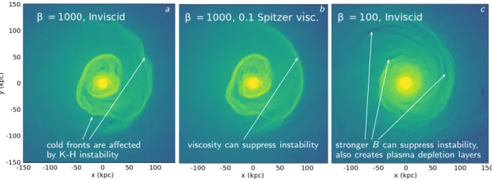 Fig. 3 — MHD simulation of a sloshing cluster core with viscosity (isotropic) and magnetic field 25 